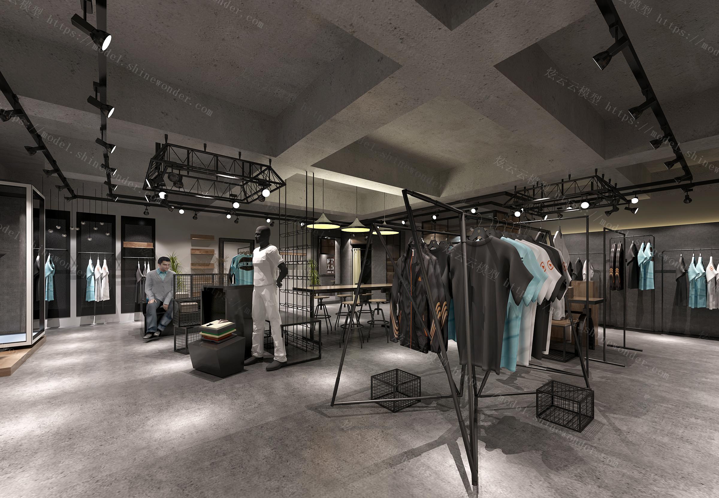 工业风服装店模型 融合粗犷美学与时尚零售的空间艺术